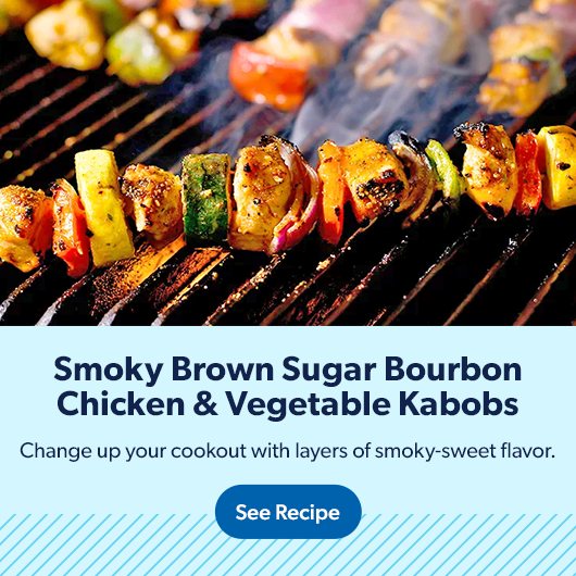 Smoky brown sugar bourbon chicken and vegetable kabobs bring layers of smoky sweet flavor. See recipe.