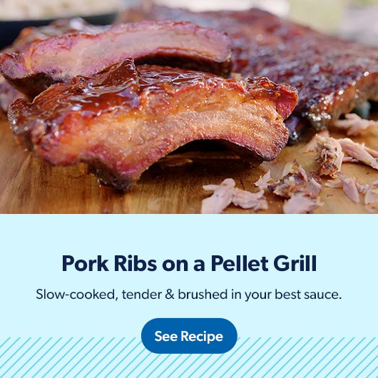Pork ribs on a pellet grill are slow cooked, tender and brushed with your best sauce. See recipe.