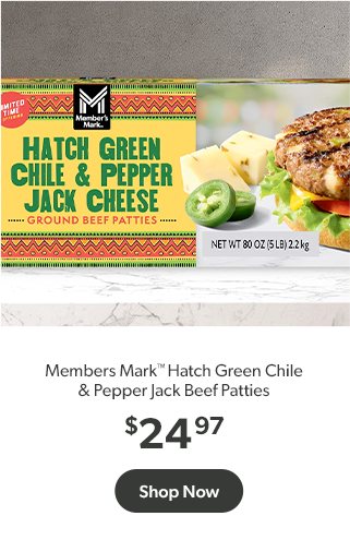 Shop Member's Mark Hatch Green Chile and Pepper Jack Cheese Ground Beef Patties $24.97.  