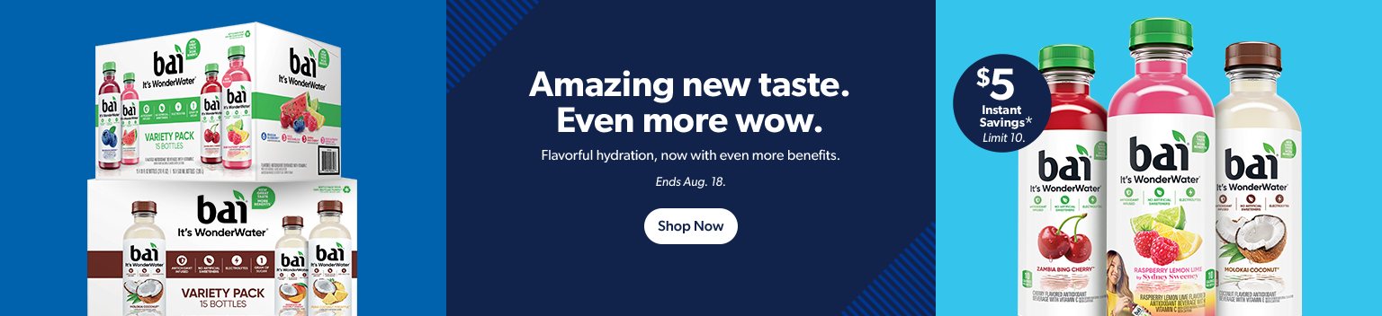 Get five dollars Instant Savings on bai for flavorful hydration. Ends August eighteenth. Shop now.