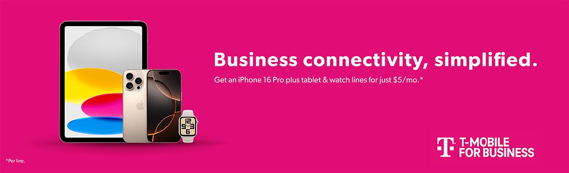 Business connectivity, simplified. Get an iPhone 16 Pro plus tablet & watch lines for just $5/mo. Terms apply.