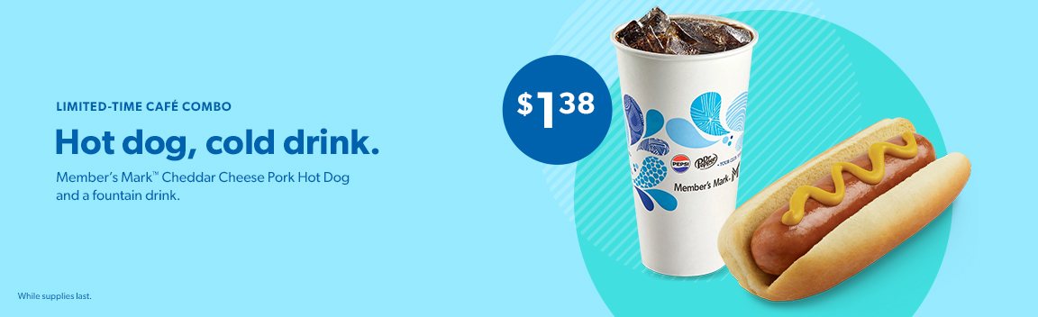 Get a cheddar cheese pork hot dog and a fountain drink in the cafe for one dollar and thirty eight cents while supplies last.